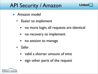 API Security / Amazon
 ■ Amazon model
  • Easier to implement
    ■   no more login, all requests are identical
    ■   no recovery to implement
    ■   no session to manage
  • Safer
    ■   valid a shorter amount of time
    ■   sign other parts of the request
 