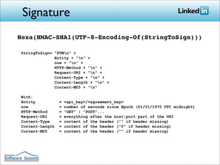 Signature
Hexa(HMAC-SHA1(UTF-8-Encoding-Of(StringToSign)))

StringToSign= quot;PTMnquot; +
              Entity + quot;nquot; +
              now + quot;nquot; +
              HTTP-Method + quot;nquot; +
              Request-URI + quot;nquot; +
              Content-Type + quot;nquot; +
              Content-Length + quot;nquot; +
              Content-MD5 + quot;nquot;

With:
Entity           =   <api_key>/<agreement_key>
now              =   number of seconds since Epoch (01/01/1970 UTC midnight)
HTTP-Method      =   quot;GETquot; | quot;POSTquot;...
Request-URI      =   everything after the host:port part of the URI
Content-Type     =   content of the header (quot;quot; if header missing)
Content-Length   =   content of the header (quot;0quot; if header missing)
Content-MD5      =   content of the header (quot;quot; if header missing)
 