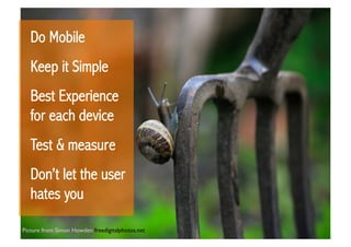 Do Mobile
   Keep it Simple
   Best Experience
   for each device
   Test  measure
   Don’t let the user
   hates you

Picture from Simon Howden freedigitalphotos.net	

 