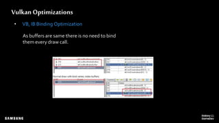 Vulkan Optimizations
• VB, IB Binding Optimization
As buffers are same there is no need to bind
them every draw call.
 