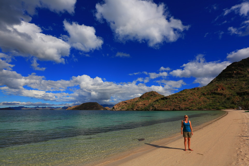 Erica hangs out on the beach at Los Coyotes in Concepcion Bay.