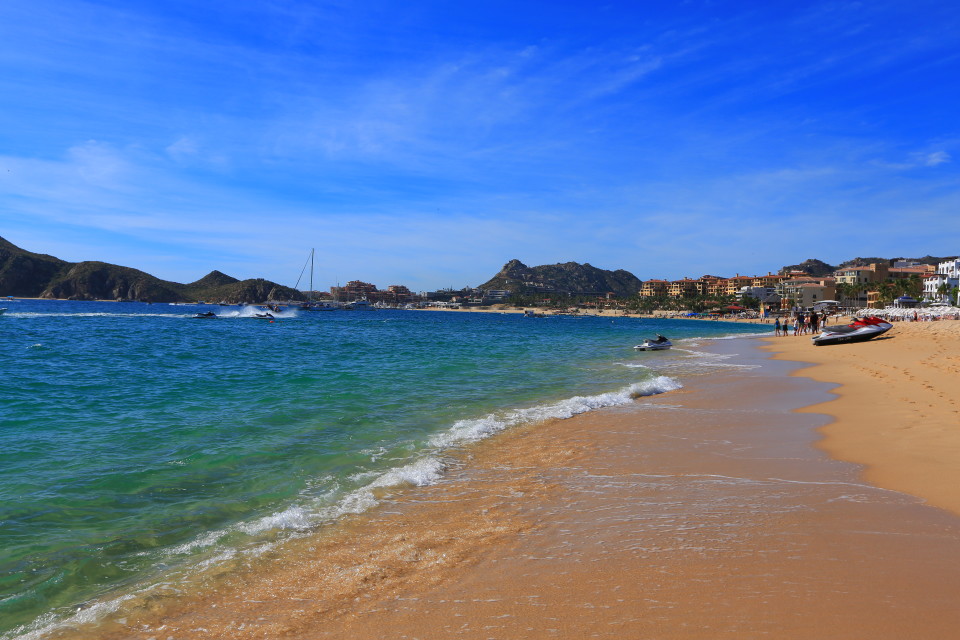 The golden sand beach in Cabo San Lucas.