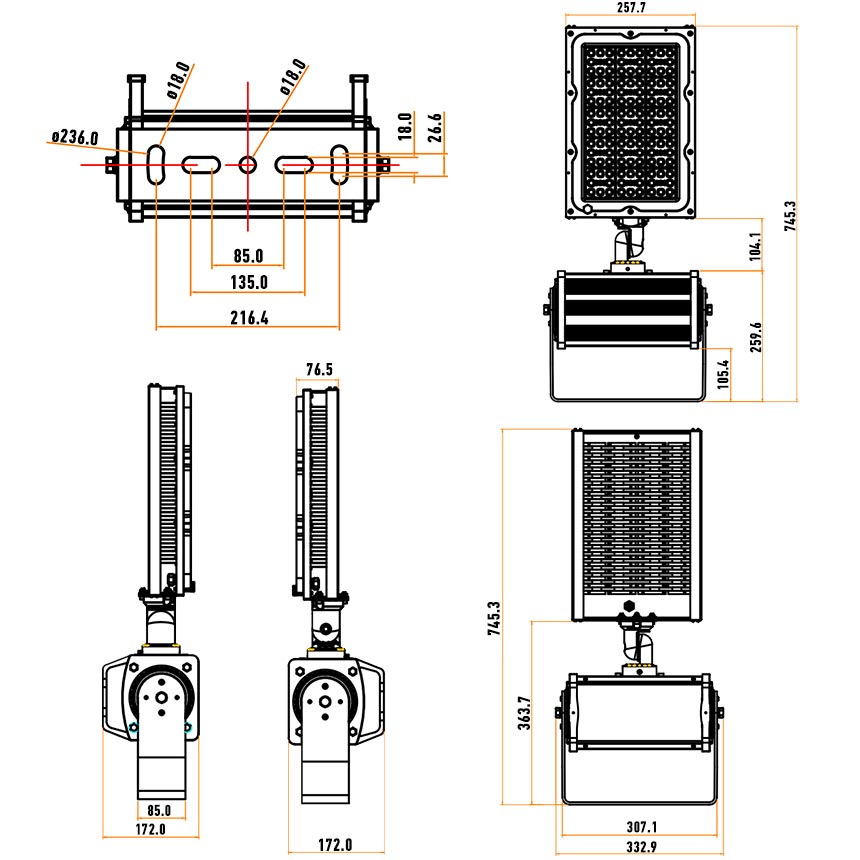 240W 300W LED Stadium Light Fixtures Dimension