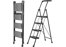 XinSunho 4 Step Ladder, Foldable Handrail & Tool Tray Step Stool, Sturdy Steel Step Ladder for Home, Non-Slip Portable Ladder