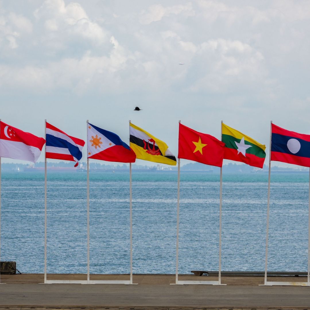 The flags of ASEAN members are displayed at a naval base during the ASEAN Solidarity Exercise in Batam, Natuna regency, Riau Islands province, Indonesia, on Sept. 20, 2023. 