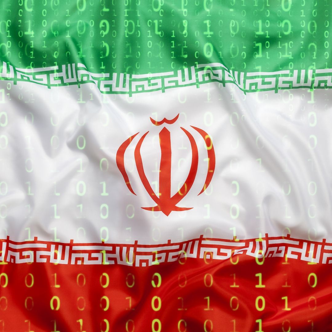 A digital illustration shows a binary code overlaying the Iranian flag.