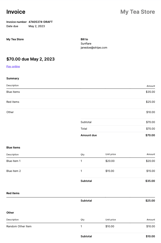 Invoice PDF with summary items