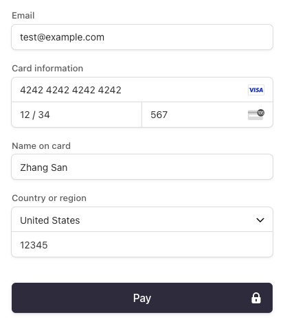 Contoh formulir pembayaran yang menunjukkan cara memasukkan nomor kartu percobaan. Nomor kartu adalah "4242 4242 4242 4242", tanggal kedaluwarsa adalah "12/34", dan CVC adalah "567". Bidang lain memiliki nilai arbitrer. Misalnya, alamat emailnya adalah "test@example.com"