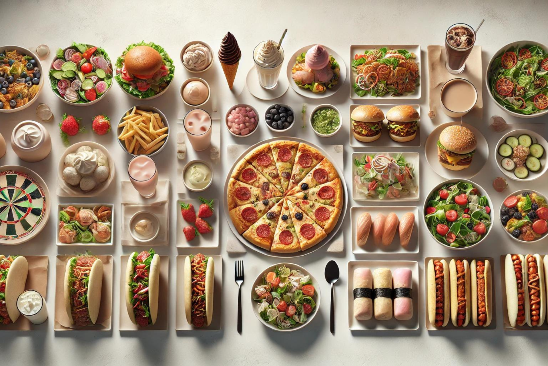 imagen ilustrada de estilo profesional y minimalista con pizza, helado, tacos, sushi, ensaladas y hamburguesas, todo elegantemente presentado en un estilo limpio y sin texto.