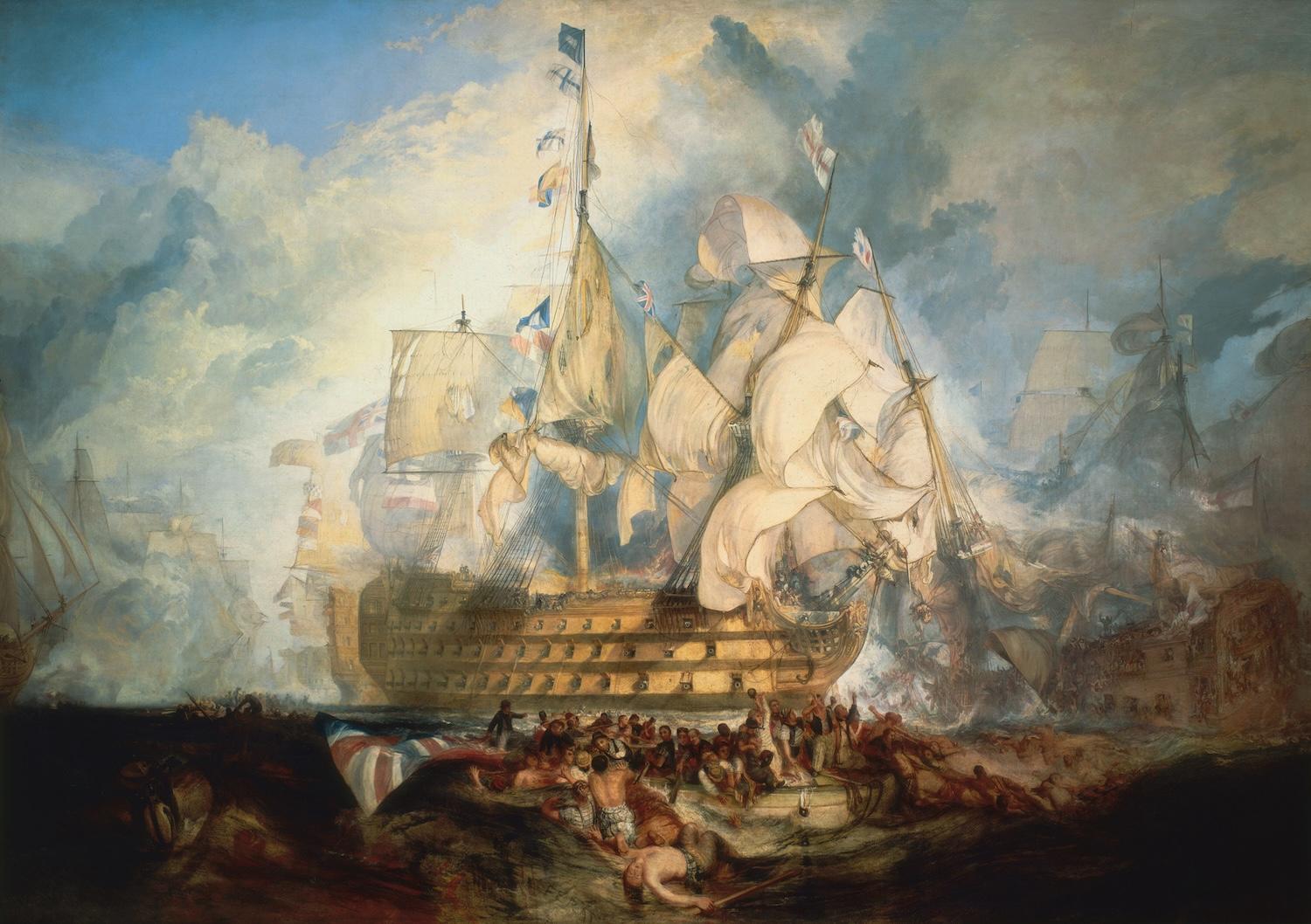 Représentation du tableau "La bataille de Trafalgar" de Turner.