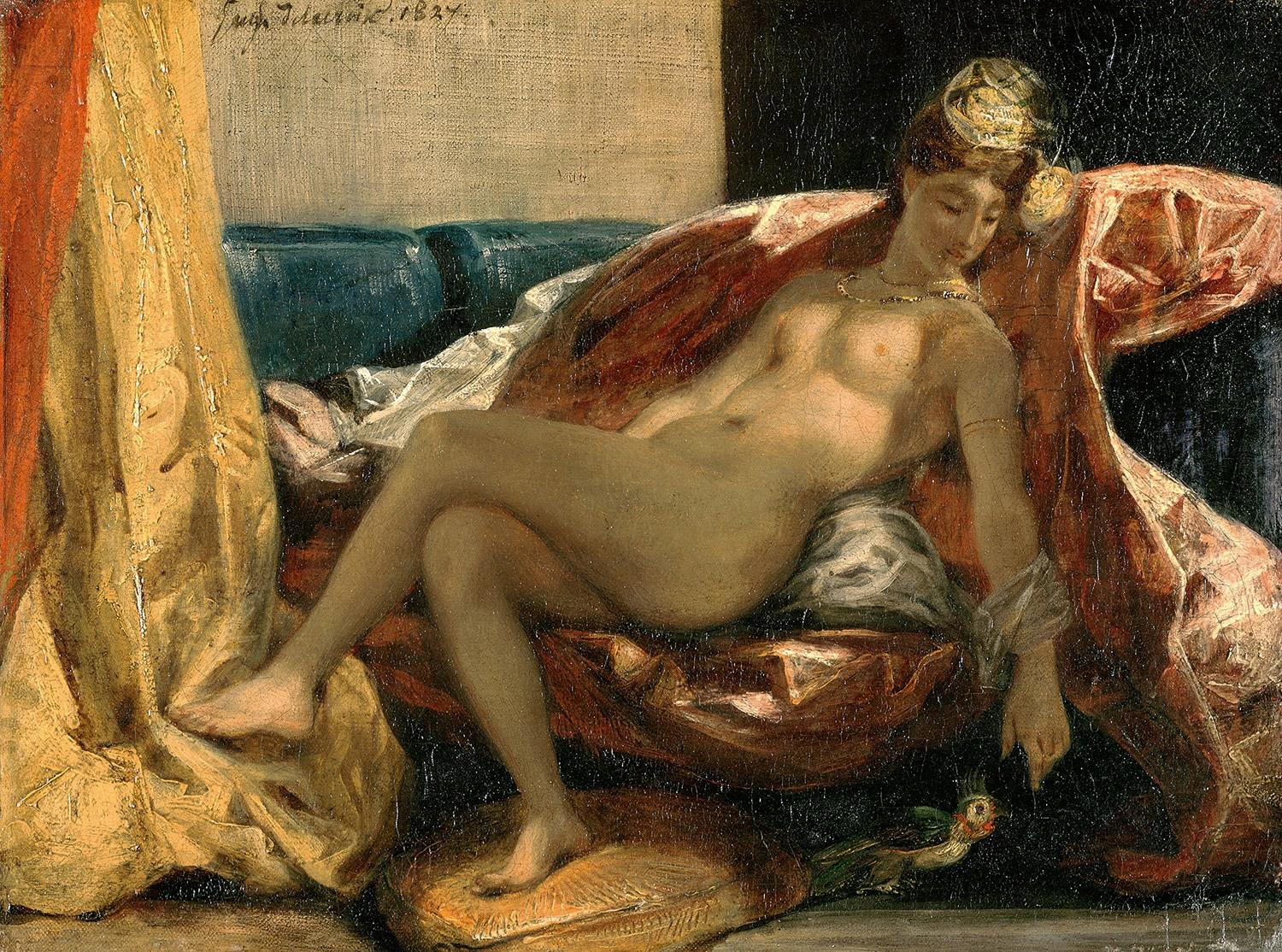 Représentation du tableau de Delacroix "Femme caressant un perroquet".