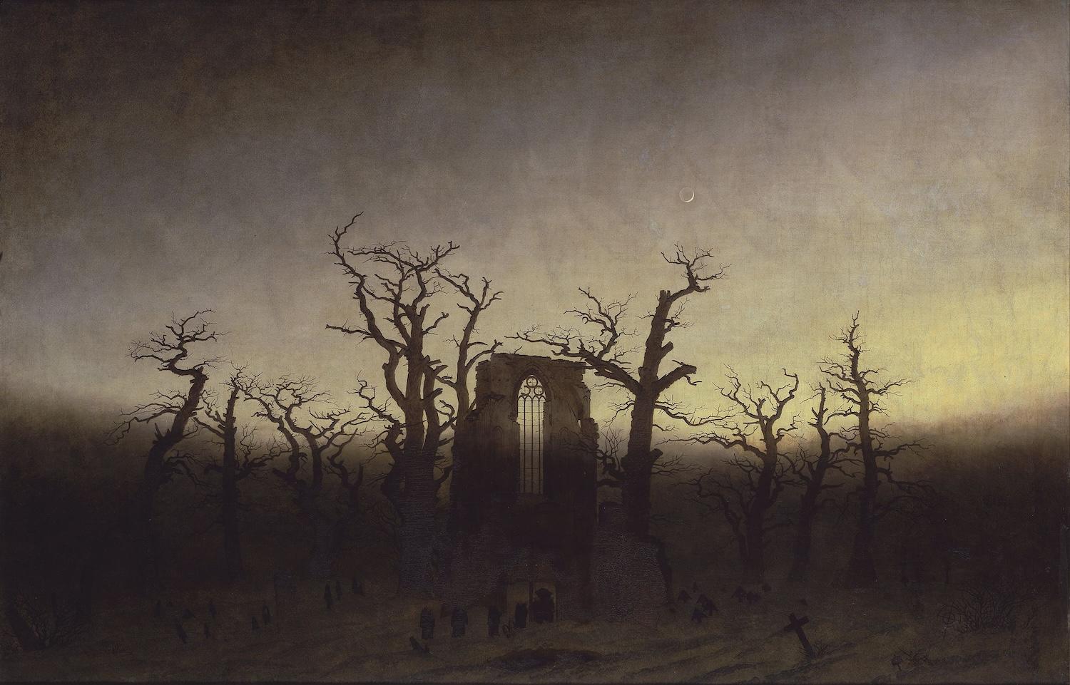 Représentation du tableau "L'Abbaye dans une forêt de chênes" de Friedrich.