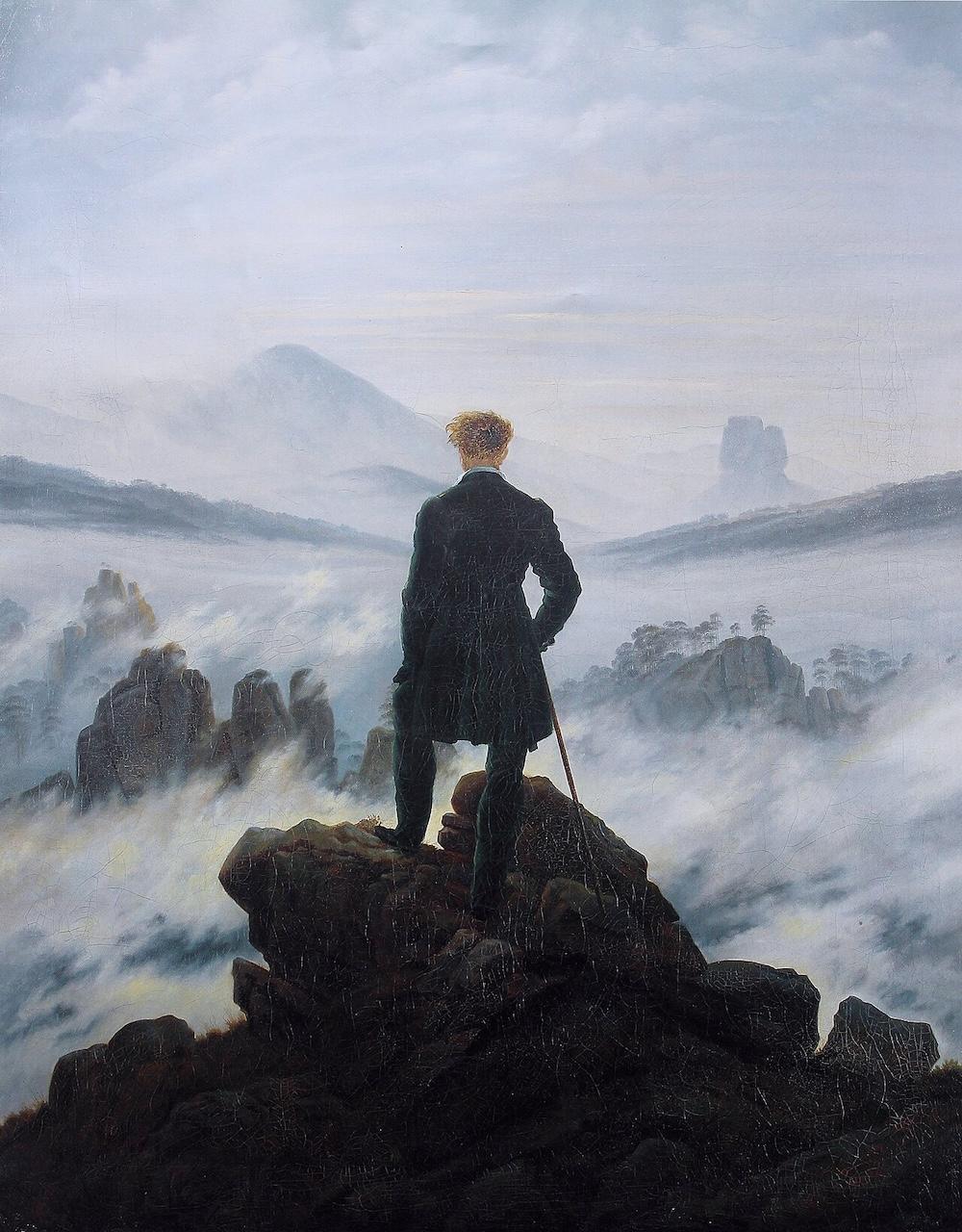 Représentation du tableau "Le Voyageur contemplant une mer de nuages" de Friedrich.