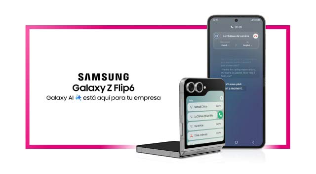 Dos teléfonos Samsung Galaxy Z Flip6, uno abierto y otro plegado por la mitad. Galaxy AI está aquí para tu empresa.