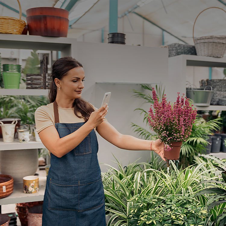 Mujer tomando una foto de una planta con un teléfono móvil