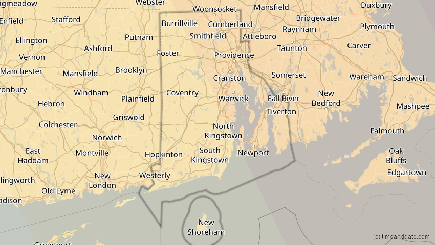 A map of Rhode Island, United States, showing the path of the 2025年3月29日 (土) Partial Solar Eclipse