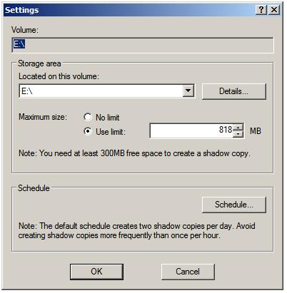 Shadow Copy Volume Settings