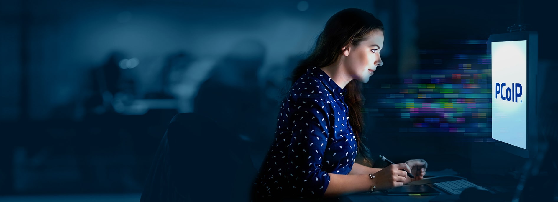 pcoip lady sitting at a computer