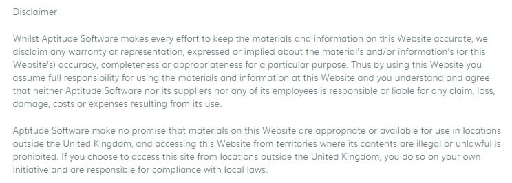 Aptitude Software Terms and Conditions: Disclaimer clause