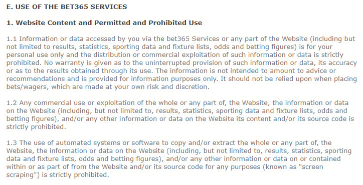 Bet365 Terms and Conditions: Website Content and Permitted and Prohibited Use clause