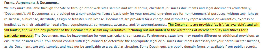 Cincinnati GI Terms of Use: Forms, Agreements and Documents clause - Warranty section highlighted