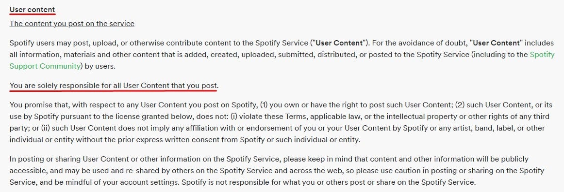 Spotify UK Terms of Use: User Content clause