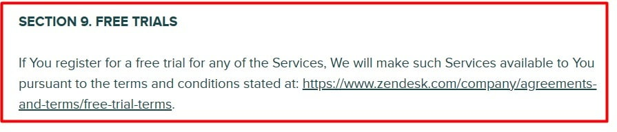 Zendesk Master Subscription Agreement: Free Trials clause