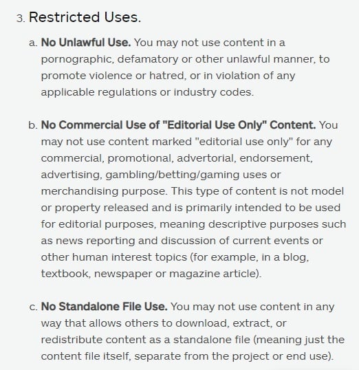 iStock Content License Agreement: Restricted Uses section excerpt