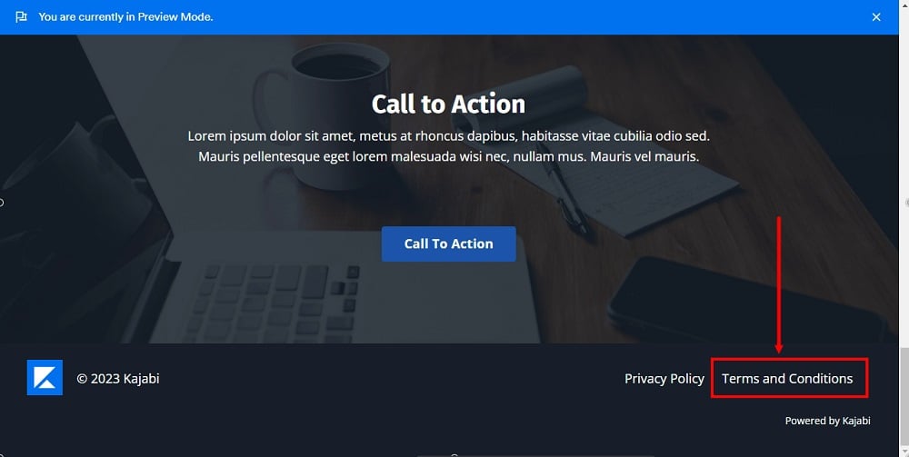 TermsFeed Kajabi: Website - Preview mode - The Terms and Conditions page is displayed in the website footer