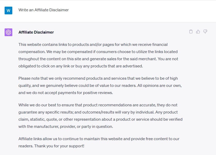 ChatGPT-generated affiliate disclaimer test screenshot