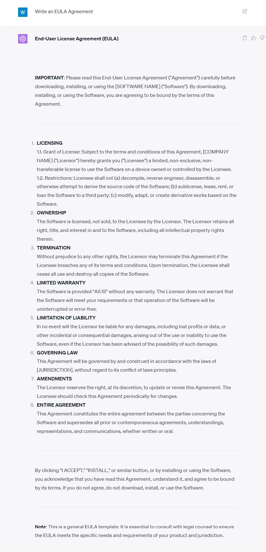 ChatGPT-generated EULA test screenshot