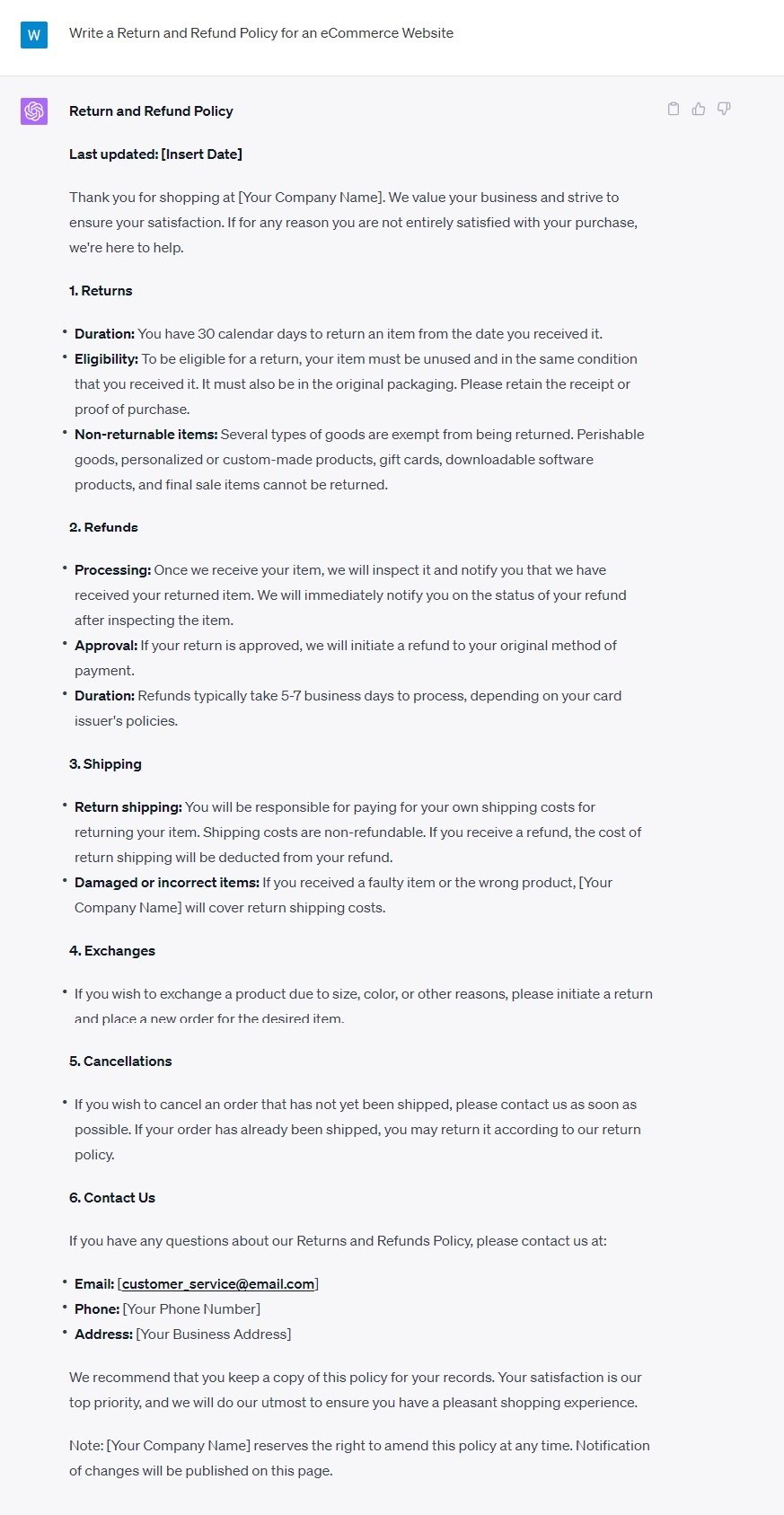 ChatGPT-generated Return and Refund Policy test screenshot