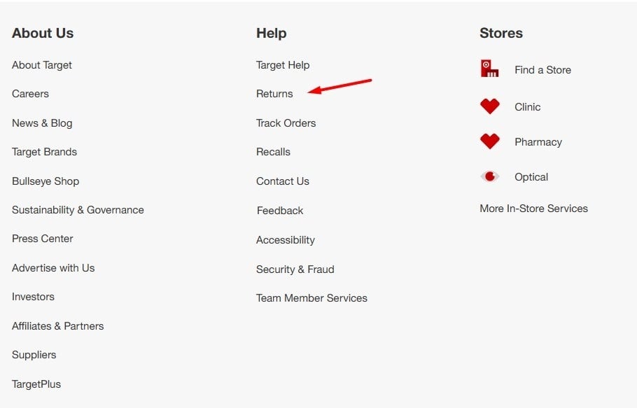 Target website footer with Returns link highlighted