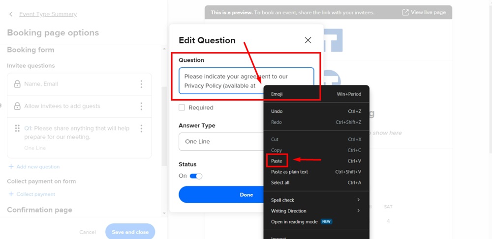 TermsFeed Calendly - Event - Edit question window - Adjust question text - Paste highlighted