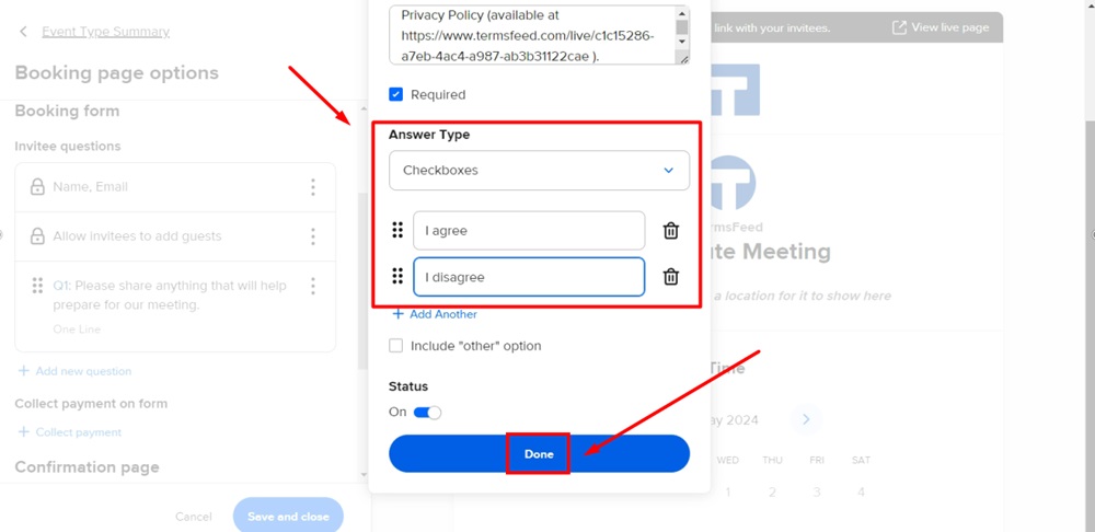 TermsFeed Calendly - Event - Edit question window - Answer type - Checkboxes - Type answers and click Done