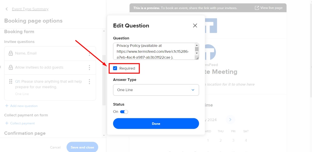 TermsFeed Calendly - Event - Edit question window - the Required option checked