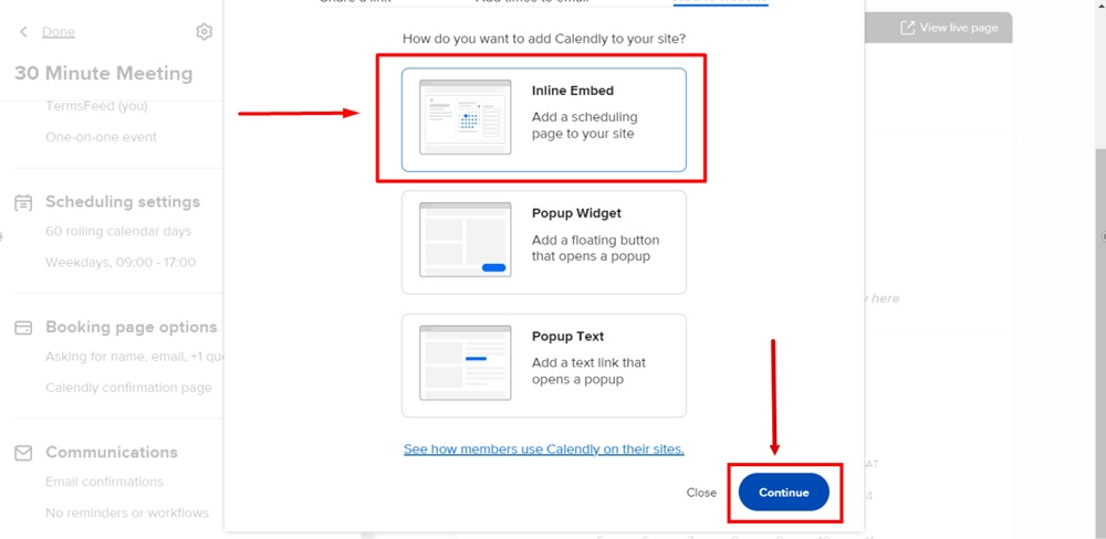 TermsFeed Calendly - Event Types - Event -  Share - Add to Website - Inline embed - Continue