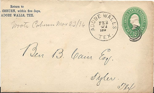 Adobe Walls TX Hutchinson Co 1896 Postmark