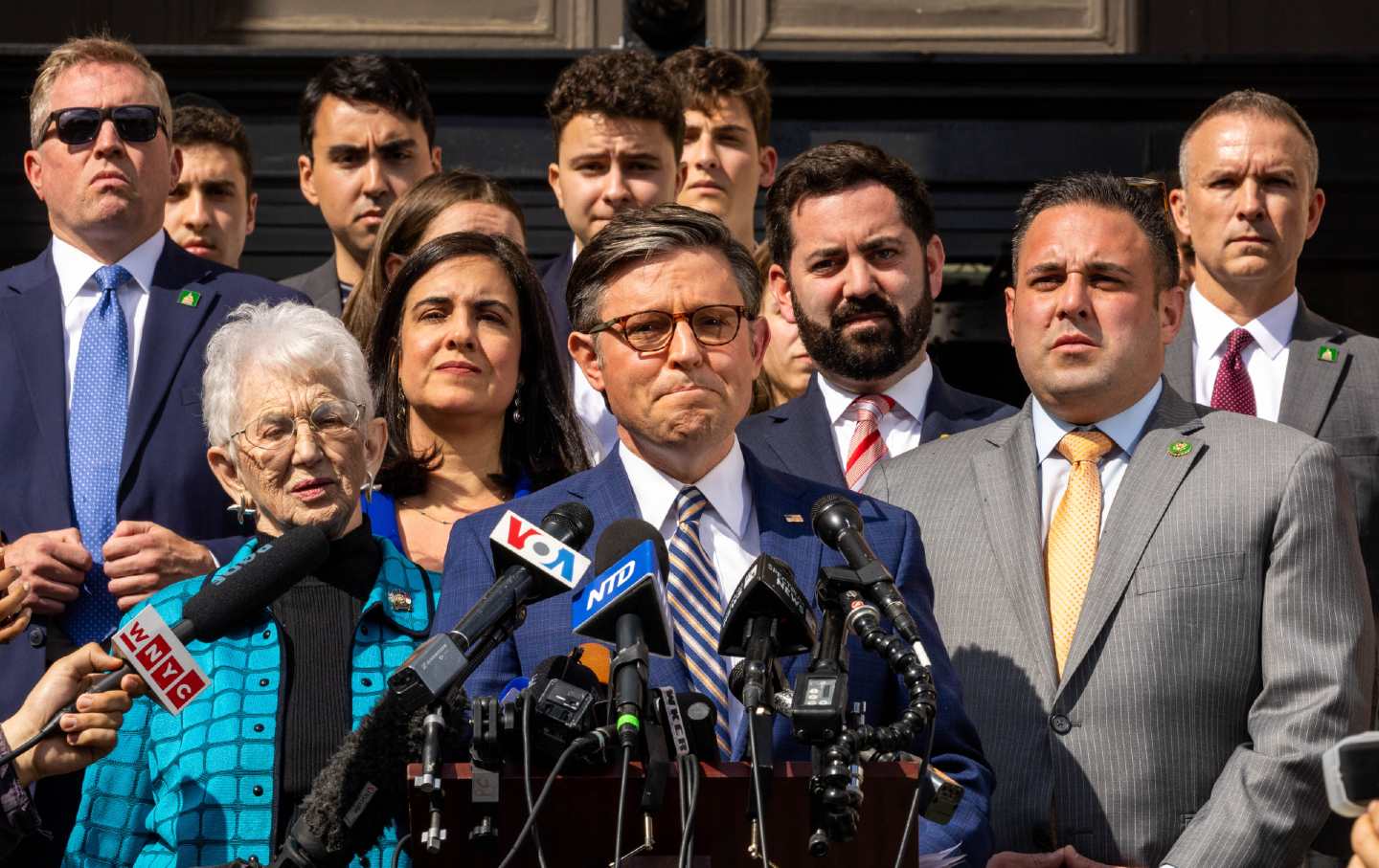 Speaker of the House Mike Johnson (R-La.) speaks during a press conference at Columbia University on April 24, 2024.