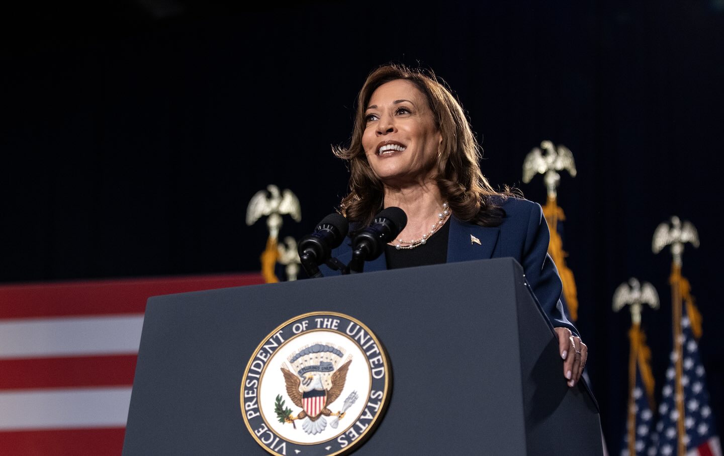 Vice President Kamala Harris speaks to supporters during a campaign rally at West Allis Central High School on July 23 in West Allis, Wisconsin.