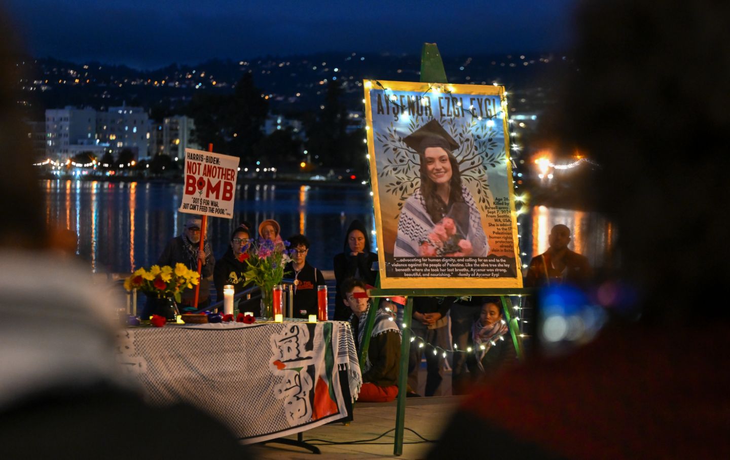 Crowds commemorate Aysenur Ezgi Eygi in Oakland, California, on September 9, 2024, after Israeli soldiers shot her in the head in the West Bank as she was standing in solidarity with the Palestinian people.