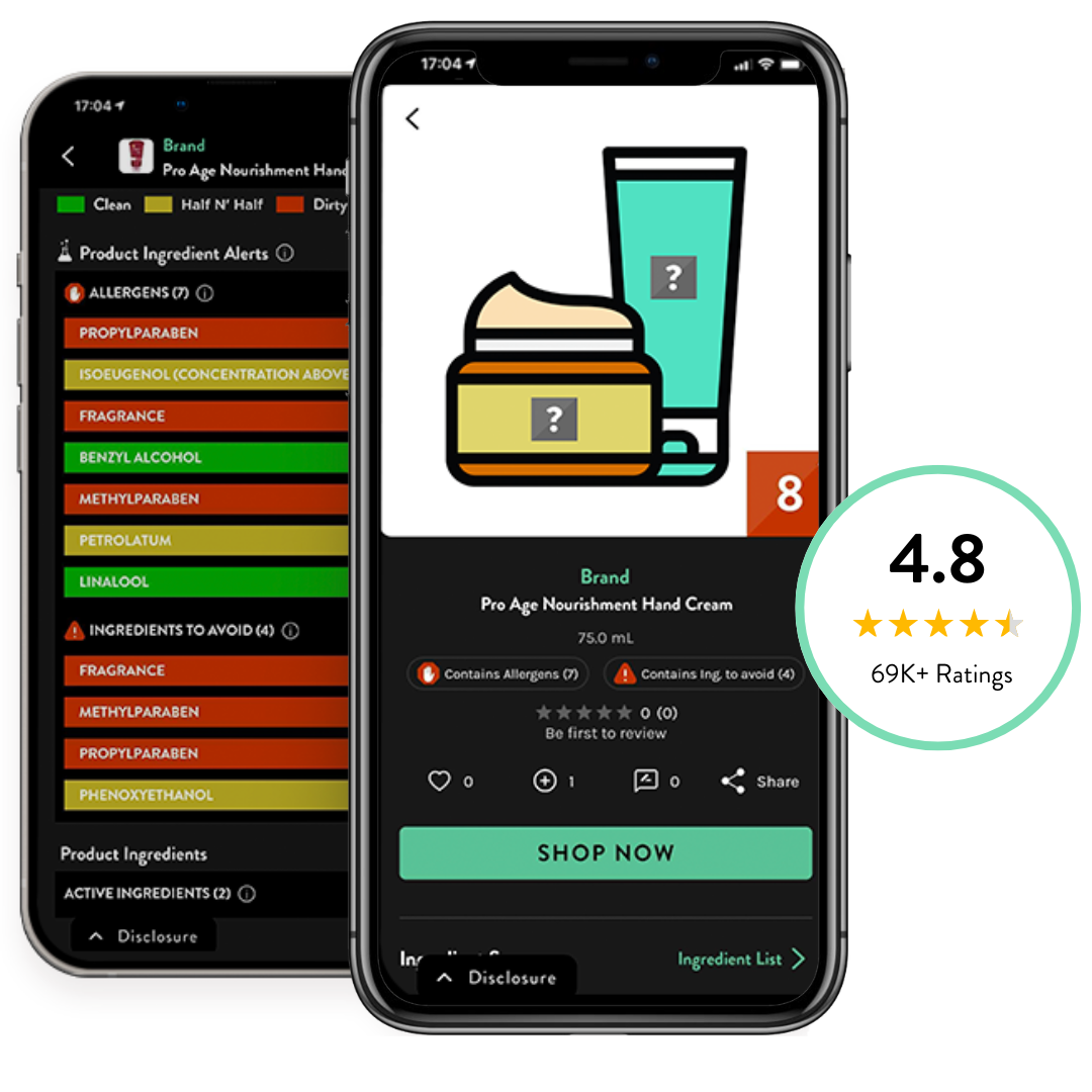 Two smartphones displaying a product review app interface. The left phone shows a detailed ingredient alert list with allergens and ingredients to avoid highlighted in red, orange, and green. The right phone displays a hand cream product page with a 4.8-star rating from over 57,000 ratings, an illustration of the product, and options to shop, like, and share