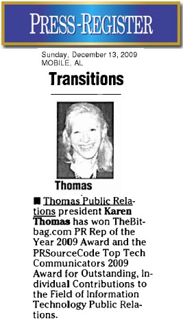 Karen Thomas, President, Thomas PR in Mobile Press-Register on BitBag PR Rep of the Year and PRSource Code Top Tech Communicator Awards 2009!