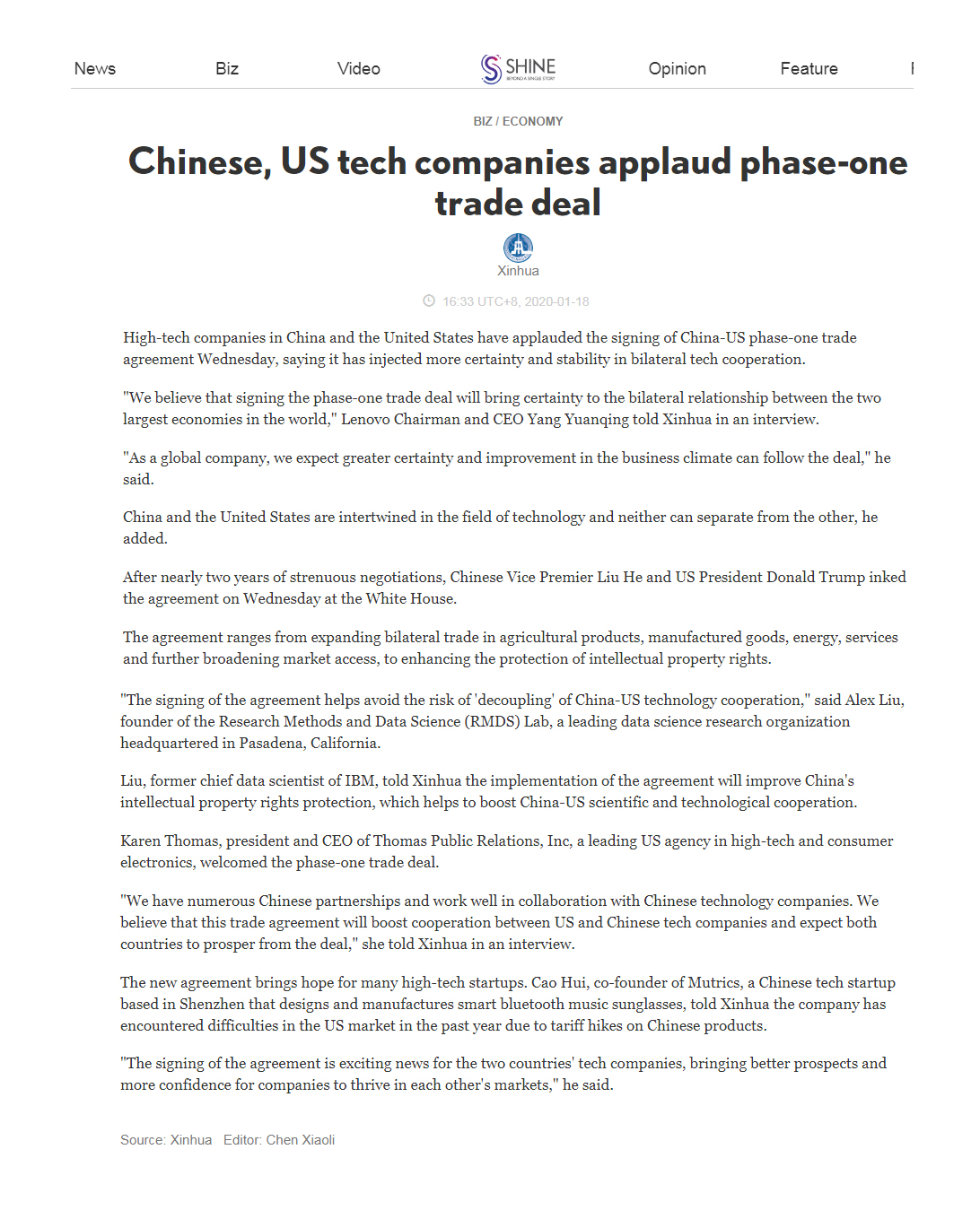 New! Shanghai Daily/ Xinhua News Agency Article - Chinese, US tech companies applaud phase-one trade deal: “Karen Thomas, president and CEO of Thomas Public Relations, Inc, a leading US agency in high-tech and consumer electronics, welcomed the phase-one trade deal. ‘We have numerous Chinese partnerships and work well in collaboration with Chinese technology companies. We believe that this trade agreement will boost cooperation between US and Chinese tech companies and expect both countries to prosper from the deal,’ she told Xinhua in an interview.” https://www.shine.cn/biz/economy/2001180084/  