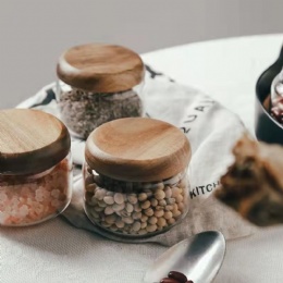 borosilicate glass food jar with wooden lid