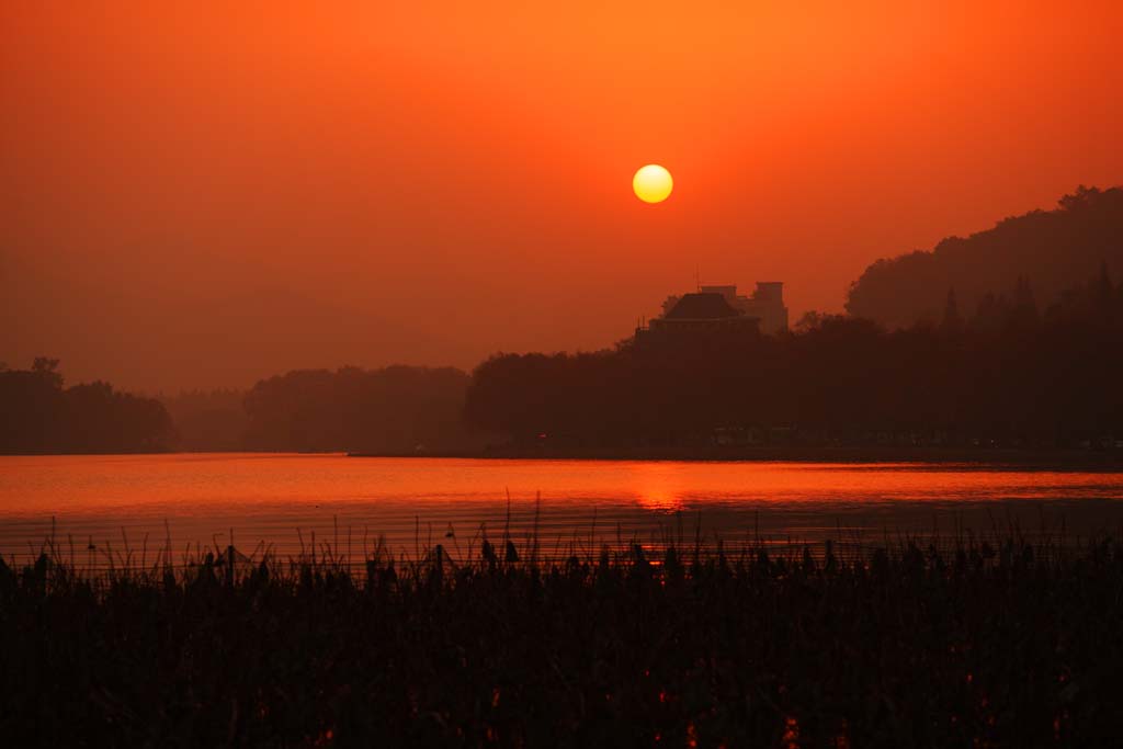 photo, la matière, libre, aménage, décrivez, photo de la réserve,Crépuscule du Xi-hu lac, lotus, Le soleil, Mettant soleil, La surface de l'eau