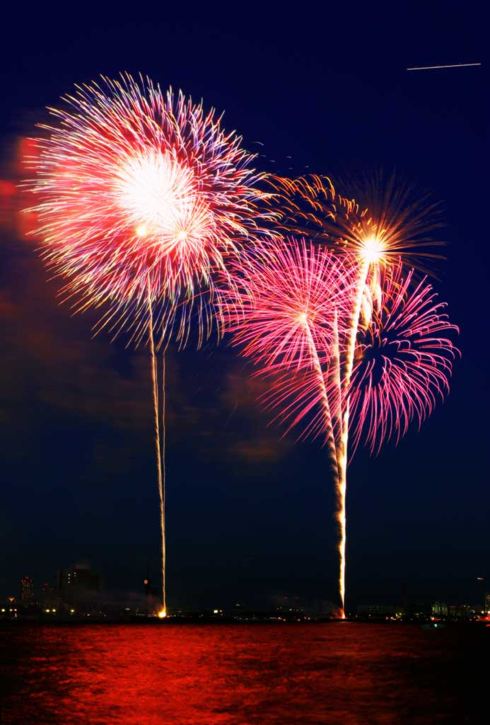 fotografia, material, livra, ajardine, imagine, proveja fotografia,Baía de Tóquio grandes fogos de artifício, fogo de artifício, noite, lançamento, um-pé bola de fogo de artifício