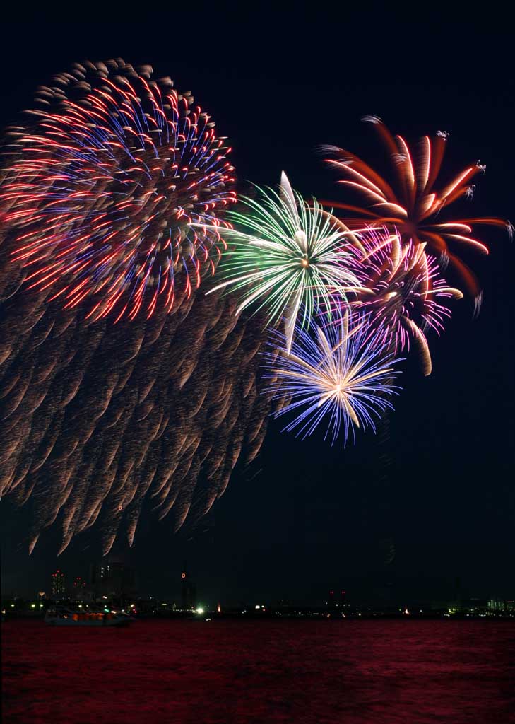 photo, la matière, libre, aménage, décrivez, photo de la réserve,Baie de Tokyo grands feux d'artifice, pièce d'artifice, nuit, lancement, un-pied balle de la pièce d'artifice