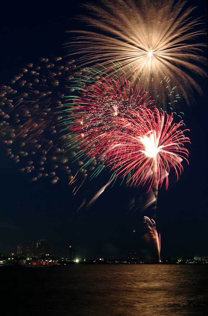 fotografia, material, livra, ajardine, imagine, proveja fotografia,Baía de Tóquio grandes fogos de artifício, fogo de artifício, noite, lançamento, um-pé bola de fogo de artifício