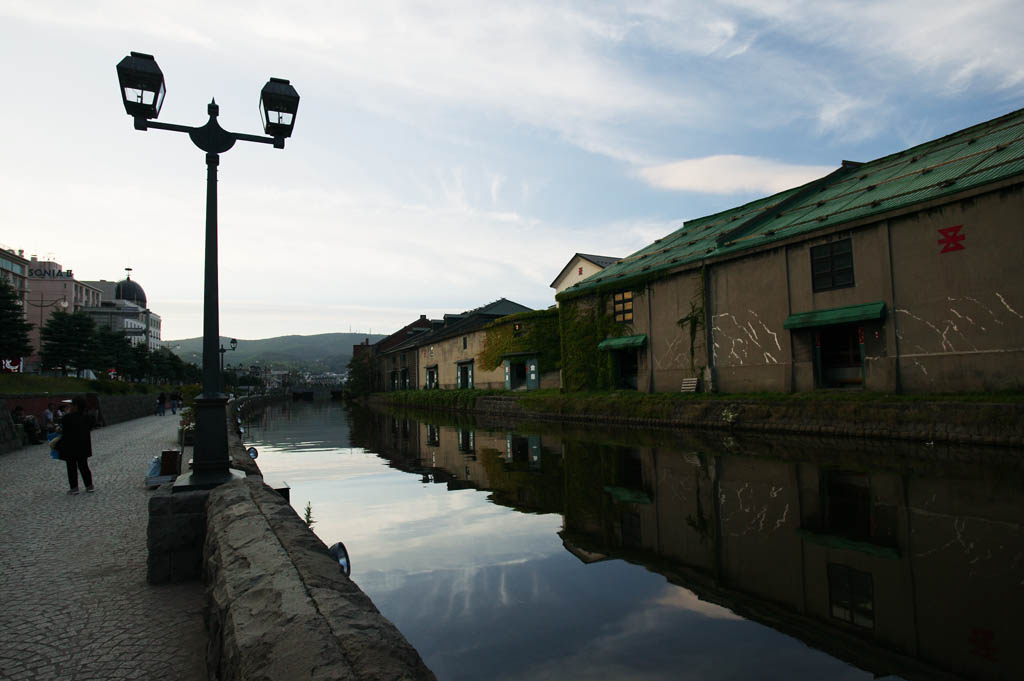 photo, la matière, libre, aménage, décrivez, photo de la réserve,Paysage du soir du canal d'Otaru, canal, éclairage public, La surface de l'eau, murez l'entrepôt